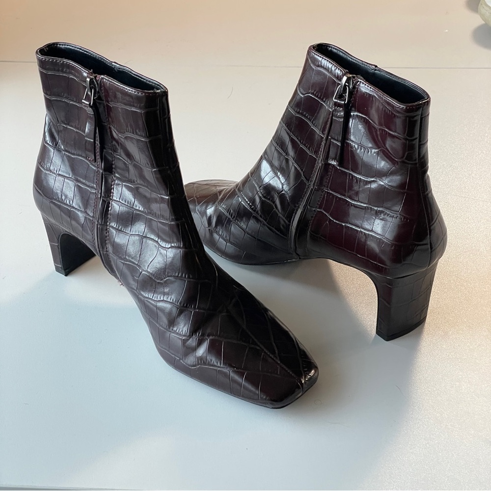 Mango burgundy croc heeled square toe boots 40